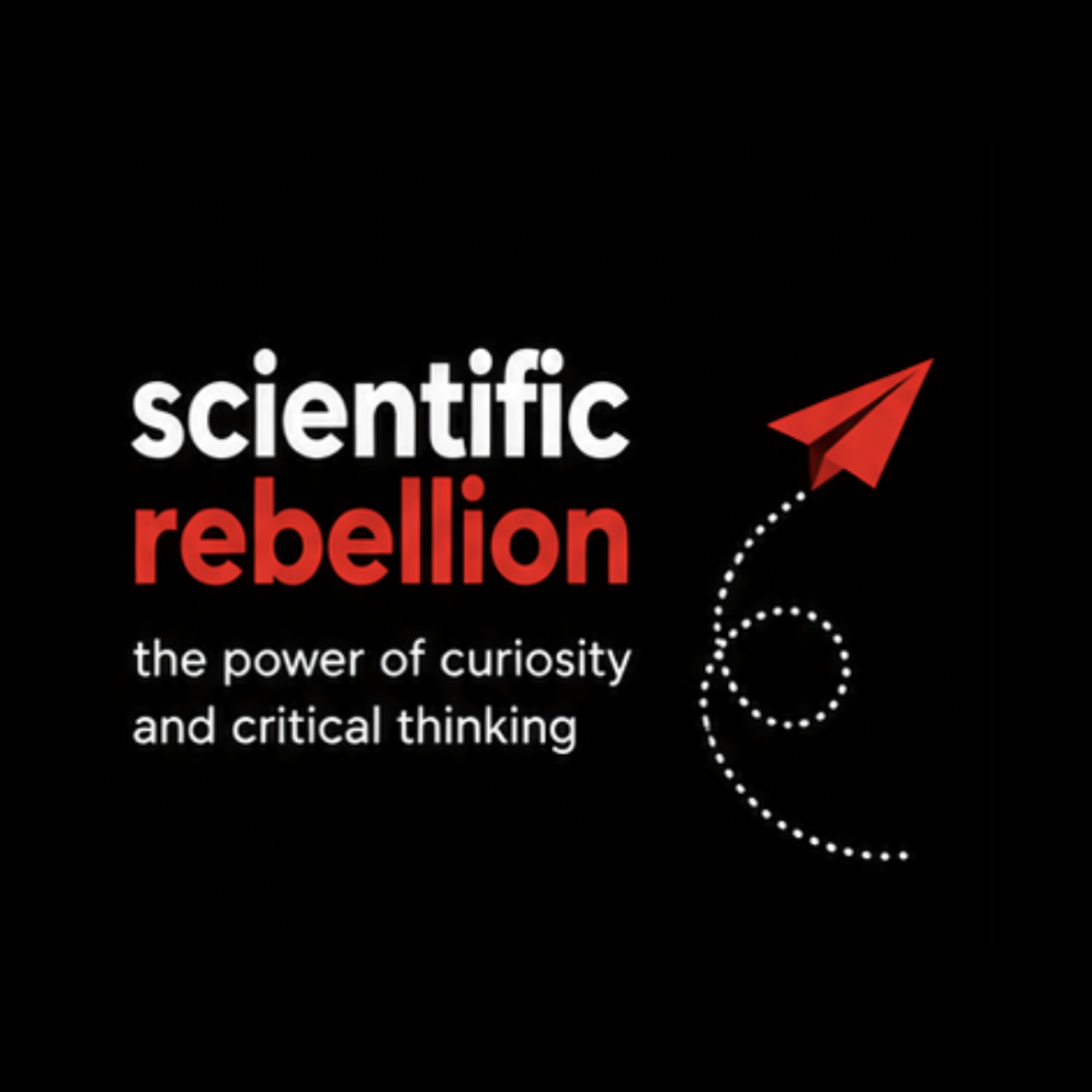 Black background with bold white 'scientific' and red 'rebellion' text, plus a red paper plane and a dotted curved line.